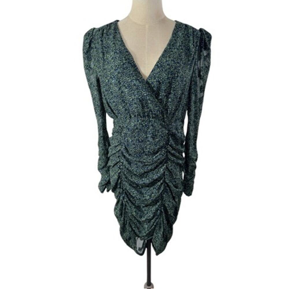 "ZARA" Dress, Womens ,Size M , Green Ruched Long Sleeve V Neck Mini‎ Blogger Fav